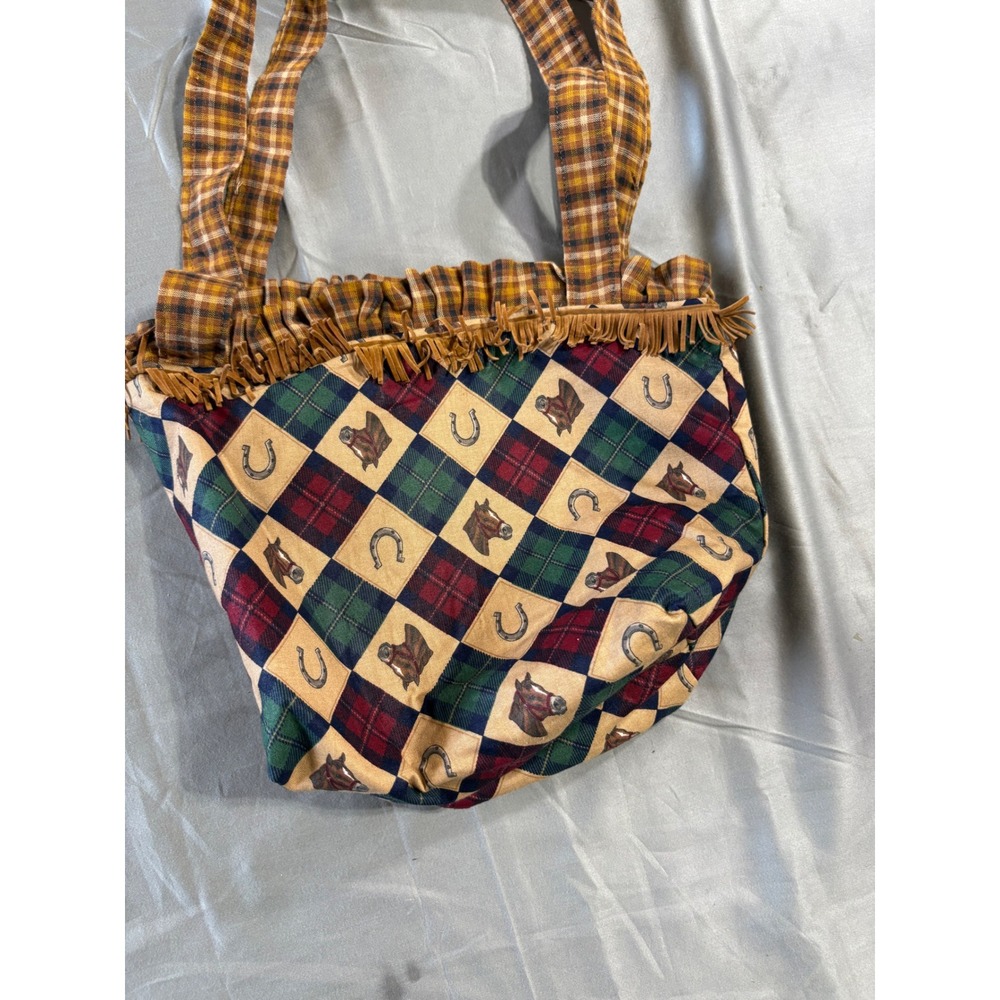 Kids Equestrian Horse Plaid Fringe Tote Bag Western Horseshoe Handbag Multi boho